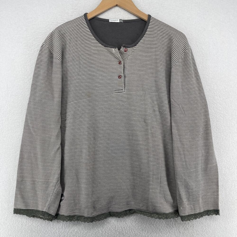 KARELPIU Top Womens XL VERY LOVE Striped Henley Lace Trim Long Sleeve Gray